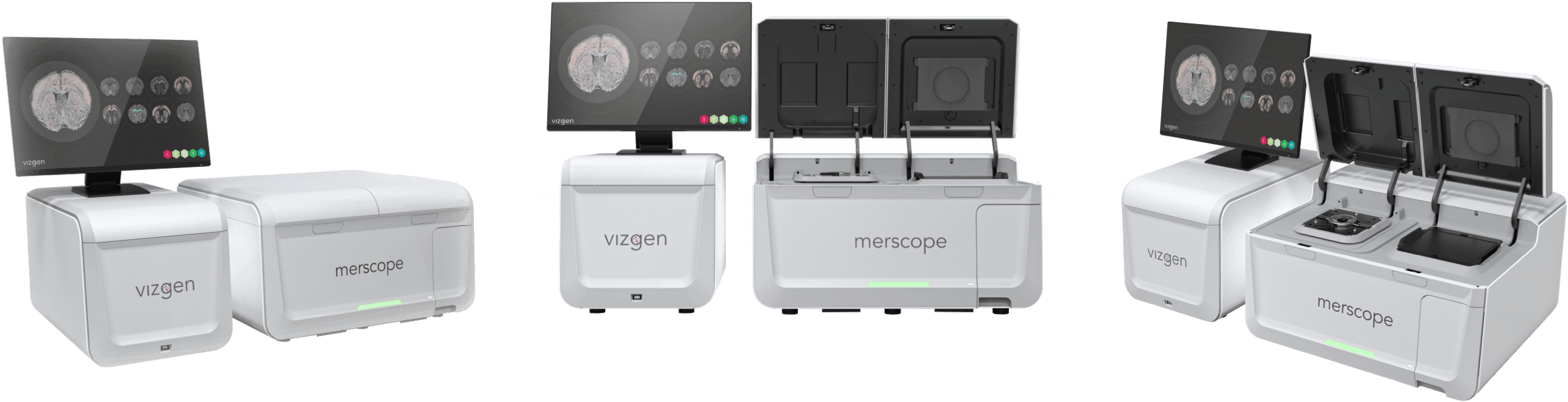 Vizgen’s MERSCOPE Instrument, from 3 angles. The instrument is a combination of the MERSCOPE Imaging Box MERSCOPE Control Box, and a touchscreen monitor.