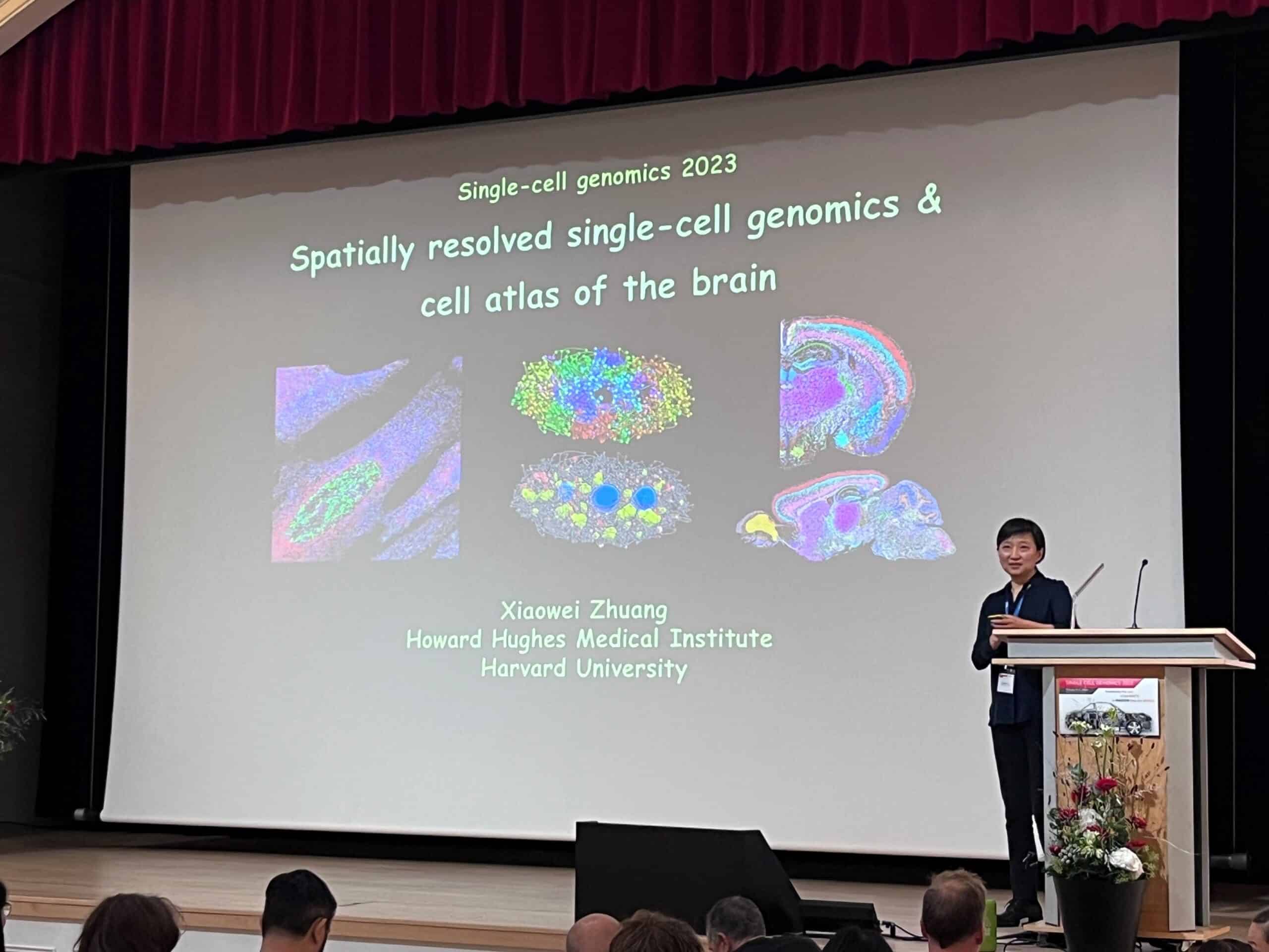 Dr. Xiaowei Zhuang, inventor of MERFISH presenting at the Single Cell Genomics Event.