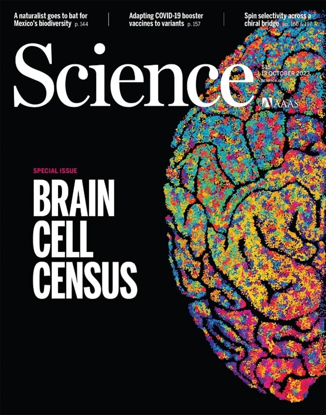 Cover of Science: Brain Cell Census VOLUME 382|ISSUE 6667|13 OCT 2023. Image illustration depicts the left hemisphere of the human brain, with colored pixels representing the cell types composing the brain.
