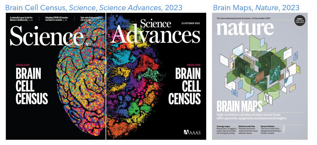 FIGURE 5: Covers of Science, Science Advances, and Nature volumes that included collections of BICCAN publications. Many of these publications leverage MERFISH technology and the MERSCOPE Platform to create comprehensive maps of the adult human and mouse brains.
